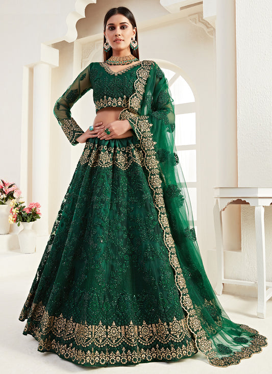 Bottle Green Net Embroidered Bridal Lehenga Choli