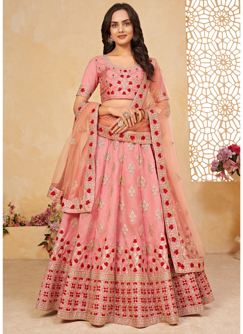 Carnation Pink Silk Embroidered Lehenga Choli