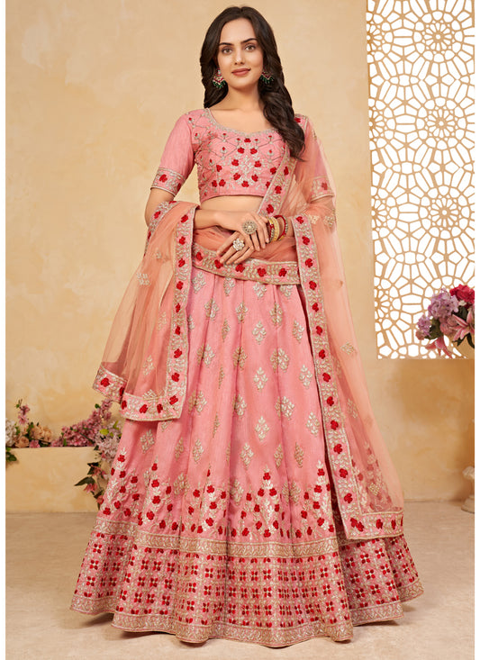 Carnation Pink Silk Embroidered Lehenga Choli