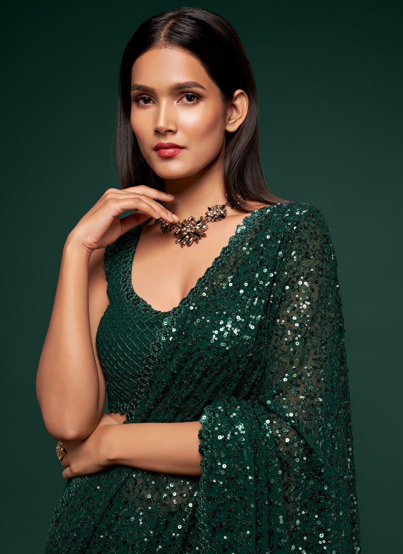 Green Georgette Thread and Sequins Embroidery Saree