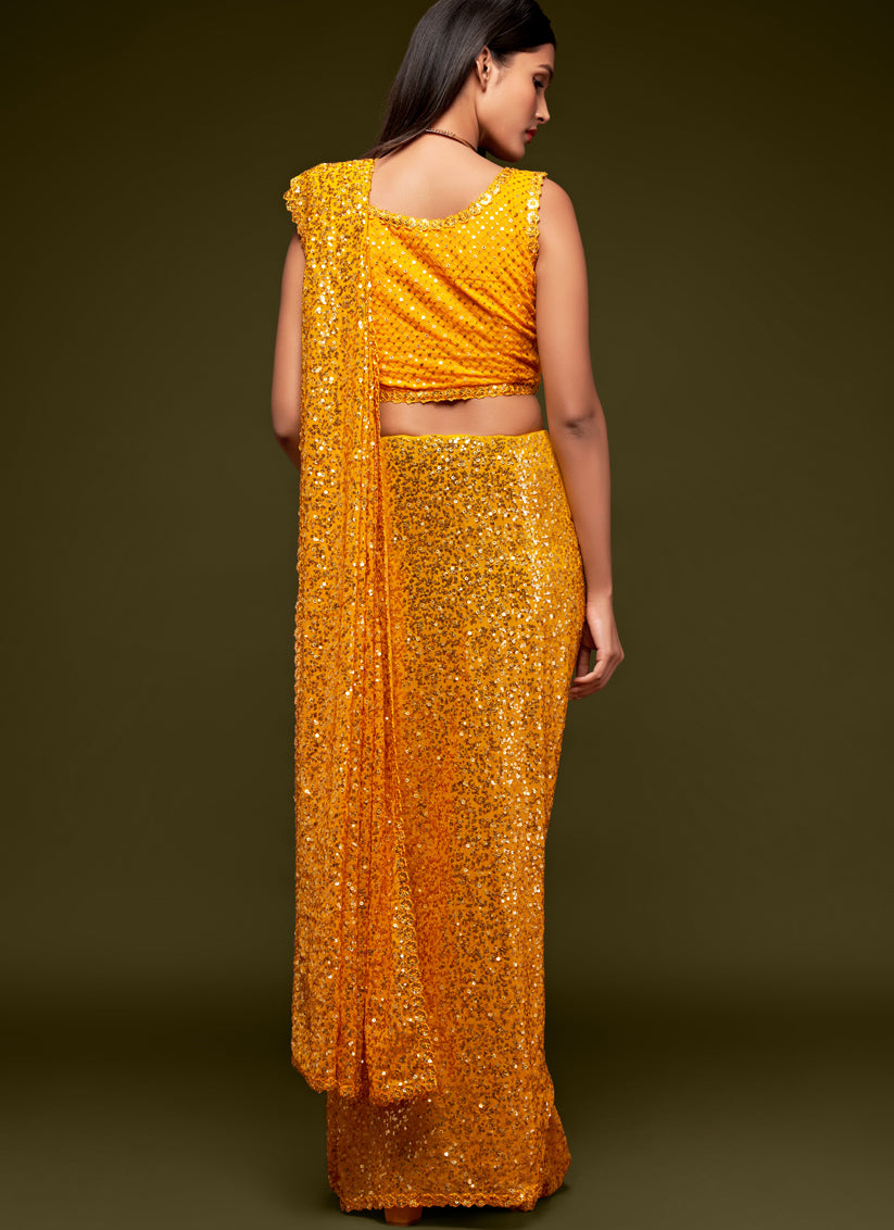Yellow Georgette Thread and Sequins Embroidery Saree