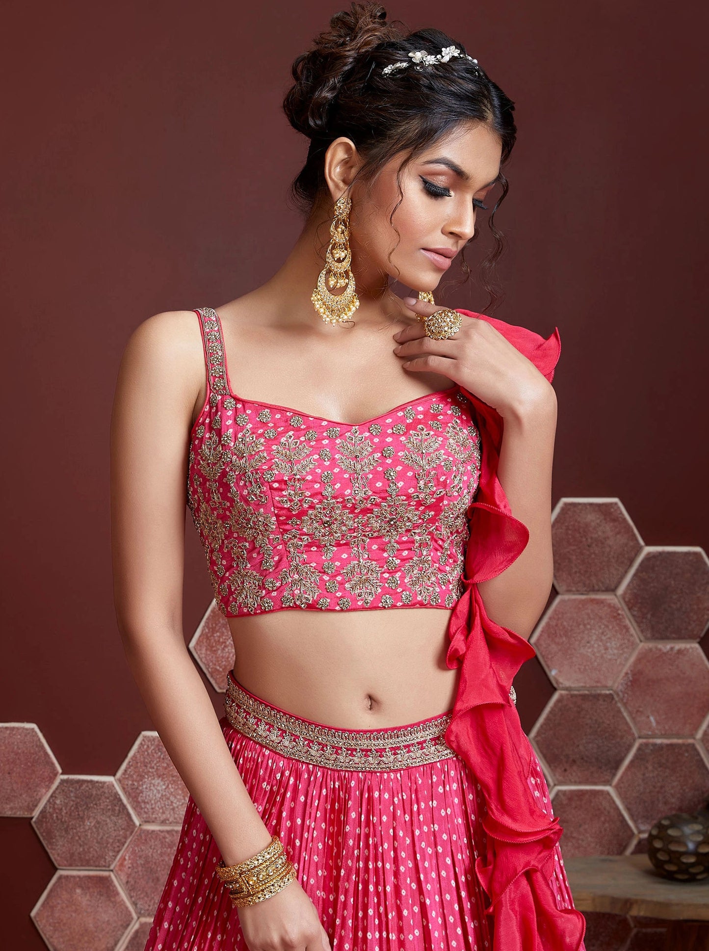 Pink Chinnon Silk Embroidered Wedding Lehenga Choli