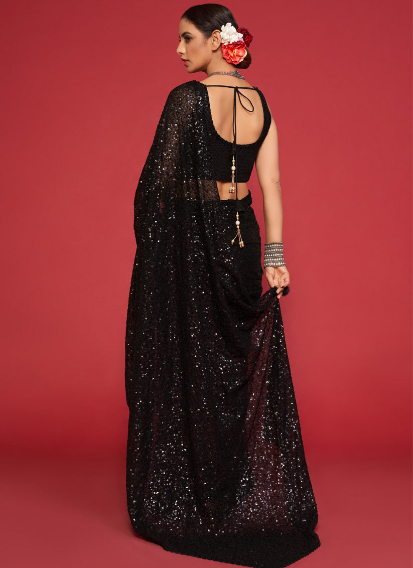 Black Georgette Thread and Sequins Embroidery Saree