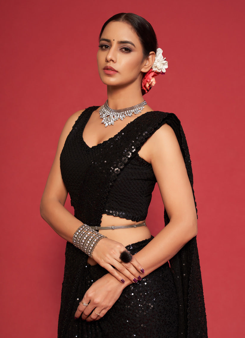 Black Georgette Thread and Sequins Embroidery Saree