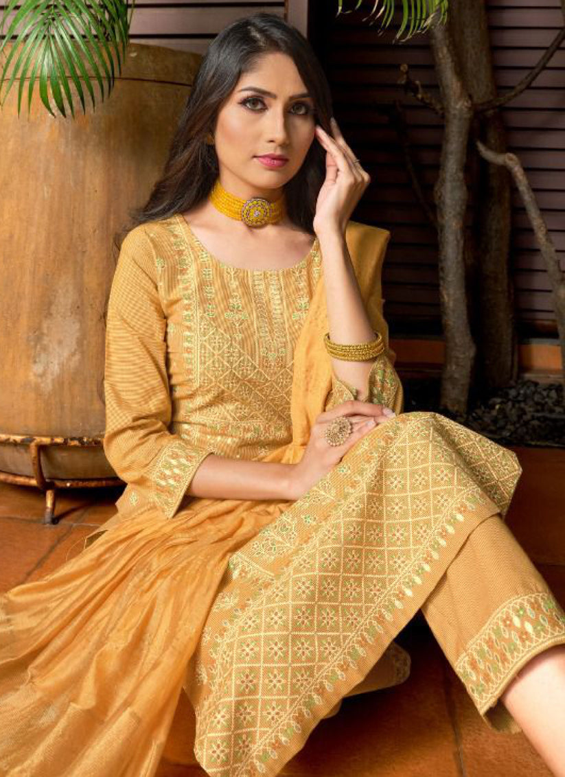 Yellow Cotton Printed Ready Made Pant Kameez Set