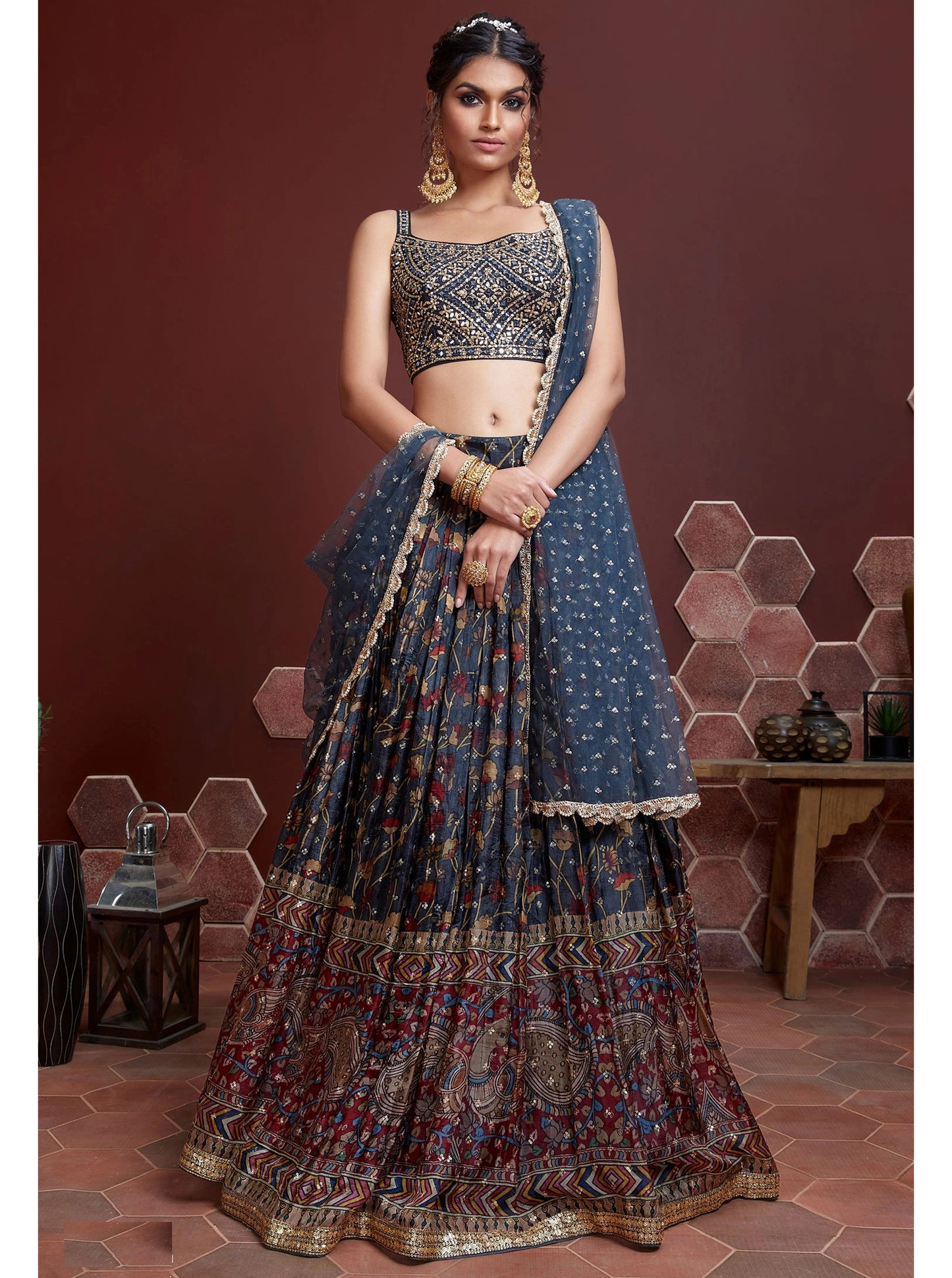 Midnight Blue Chinnon Silk Embroidered Wedding Lehenga Choli