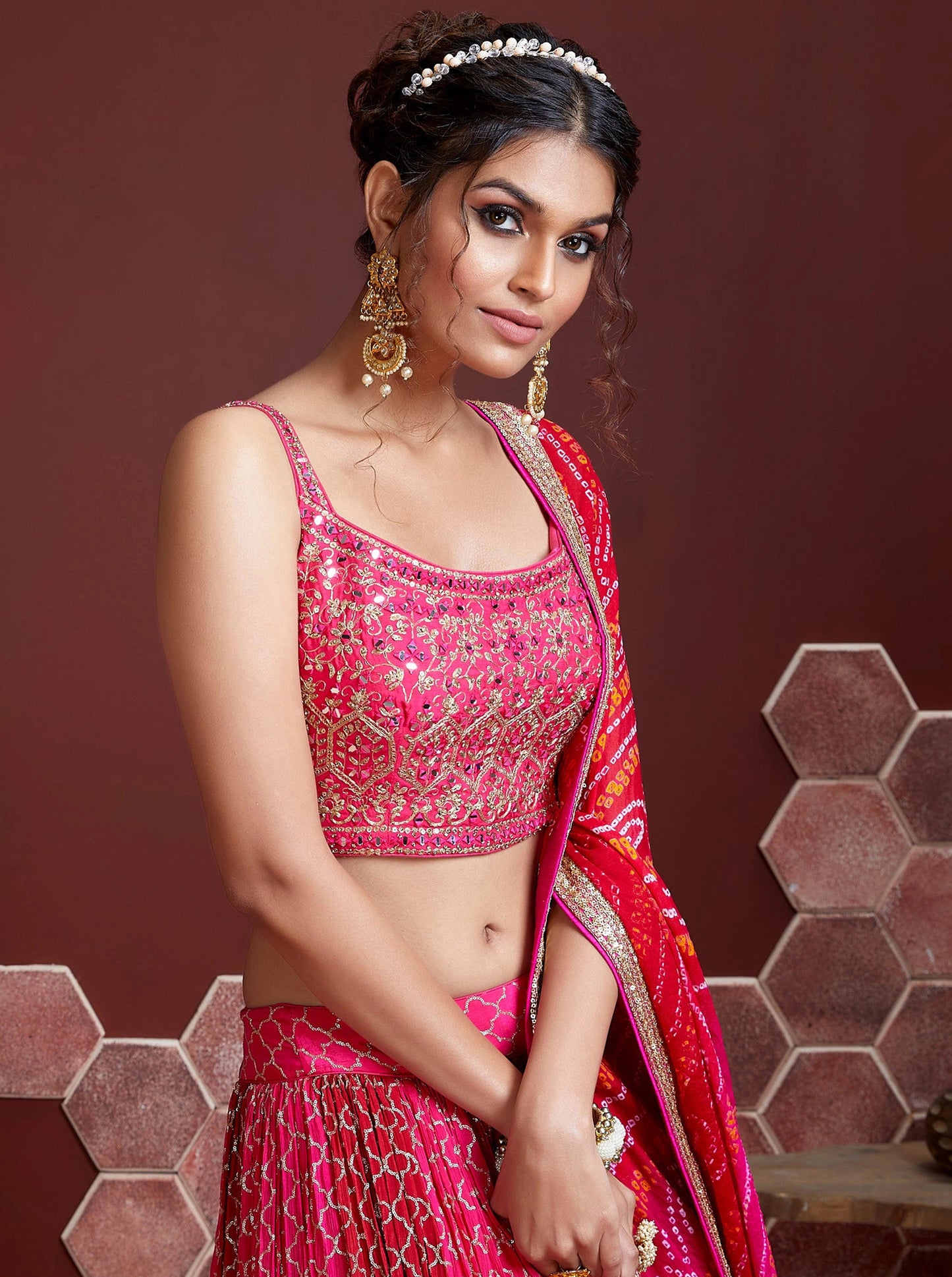 Pink Pure Chinnon Silk Embroidered Wedding Lehenga Choli