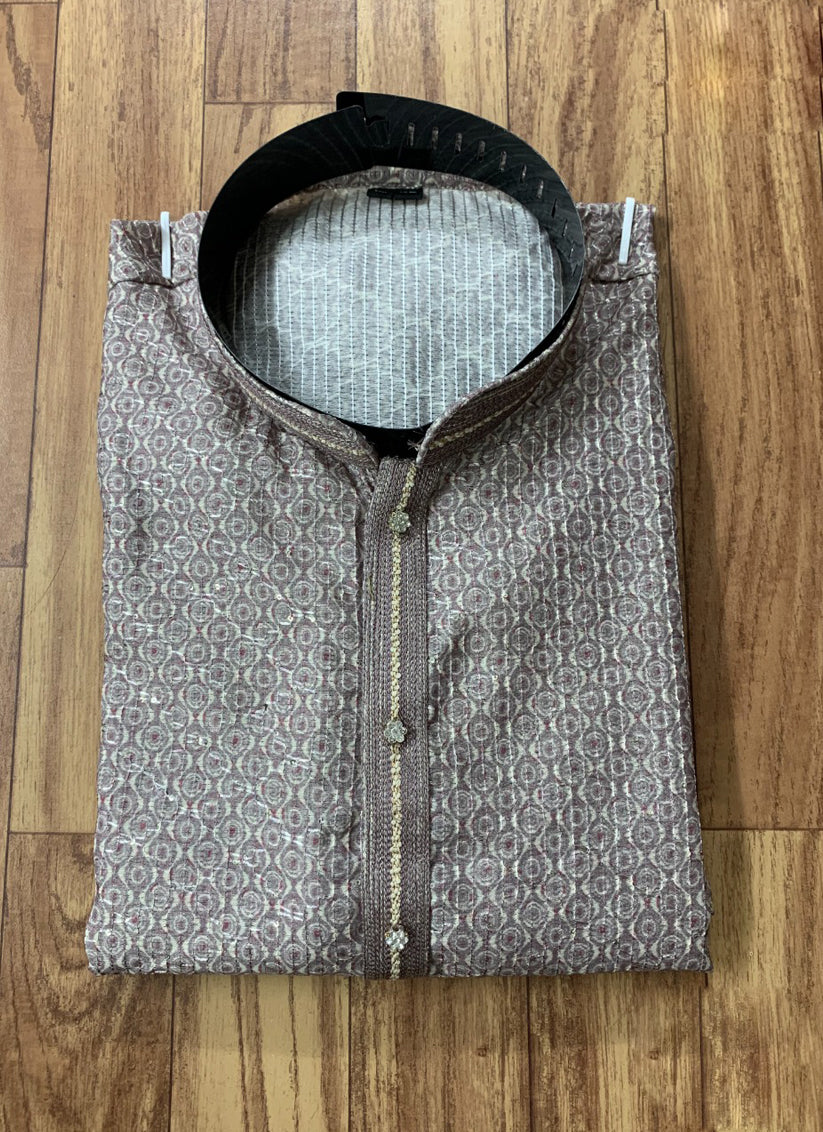 Dusty Grey Slub Silk Embroidered Mens Kurta Pyjama Set