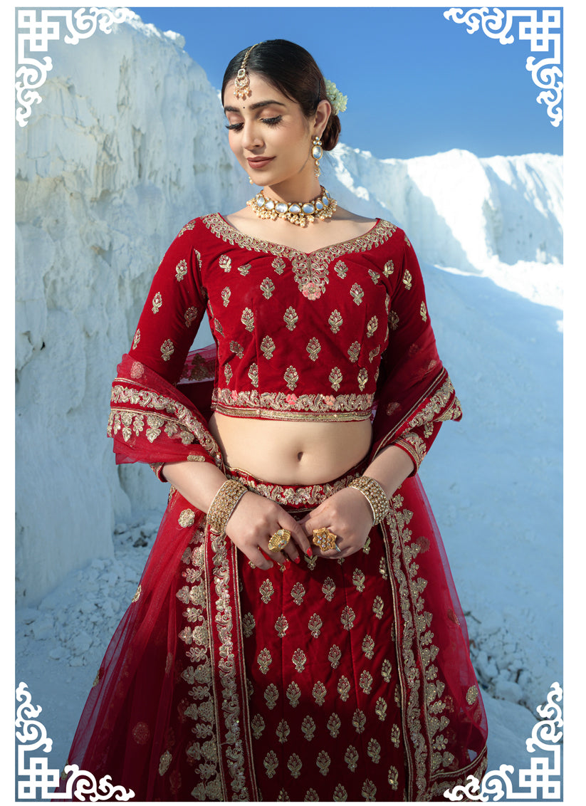 Maroon Velvet Embroidered Bridal Lehenga Choli