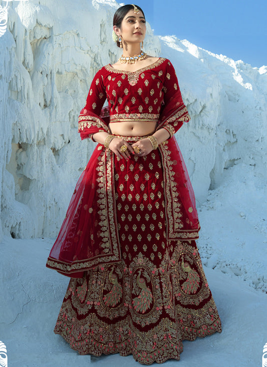 Maroon Velvet Embroidered Bridal Lehenga Choli
