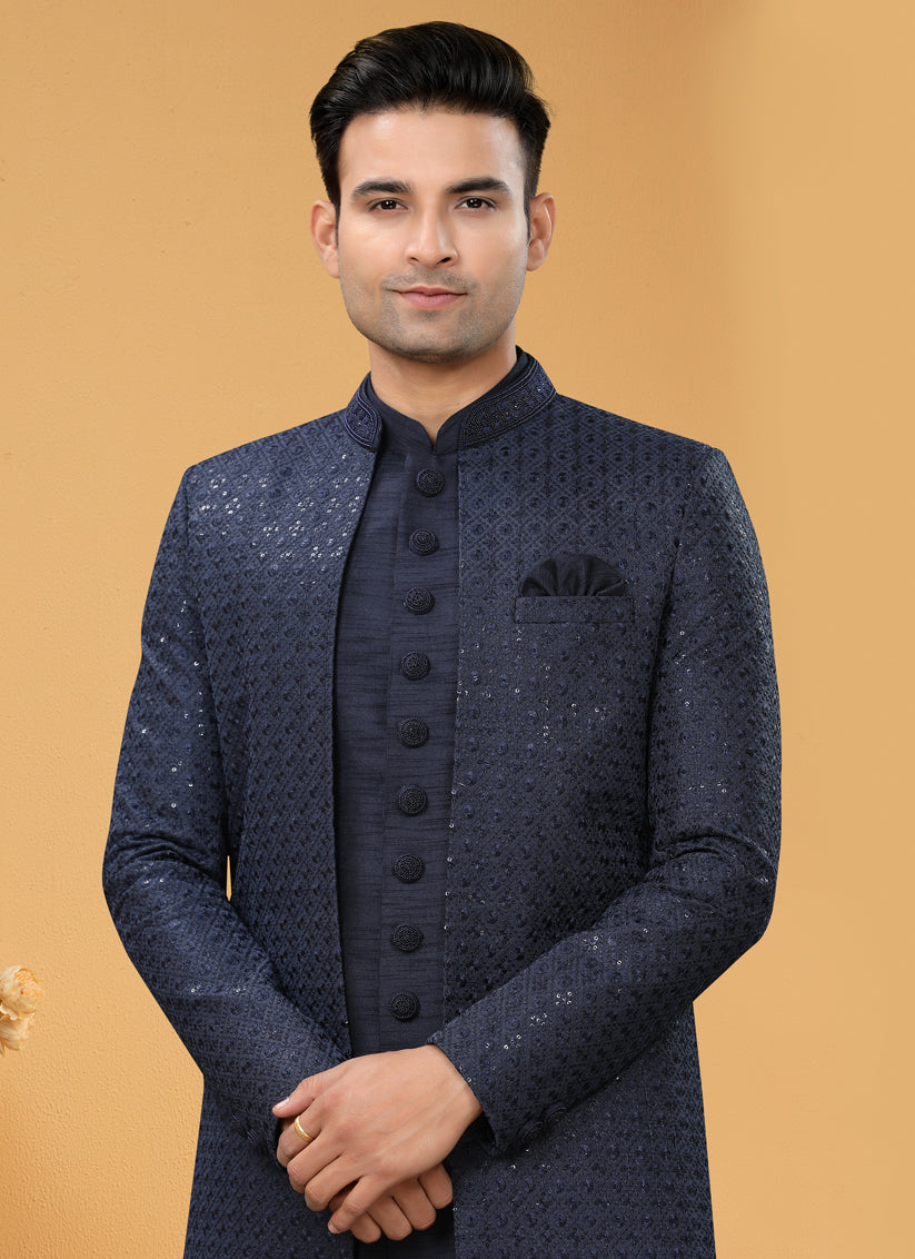 Midnight Blue Art Silk Designer Mens Indo Western