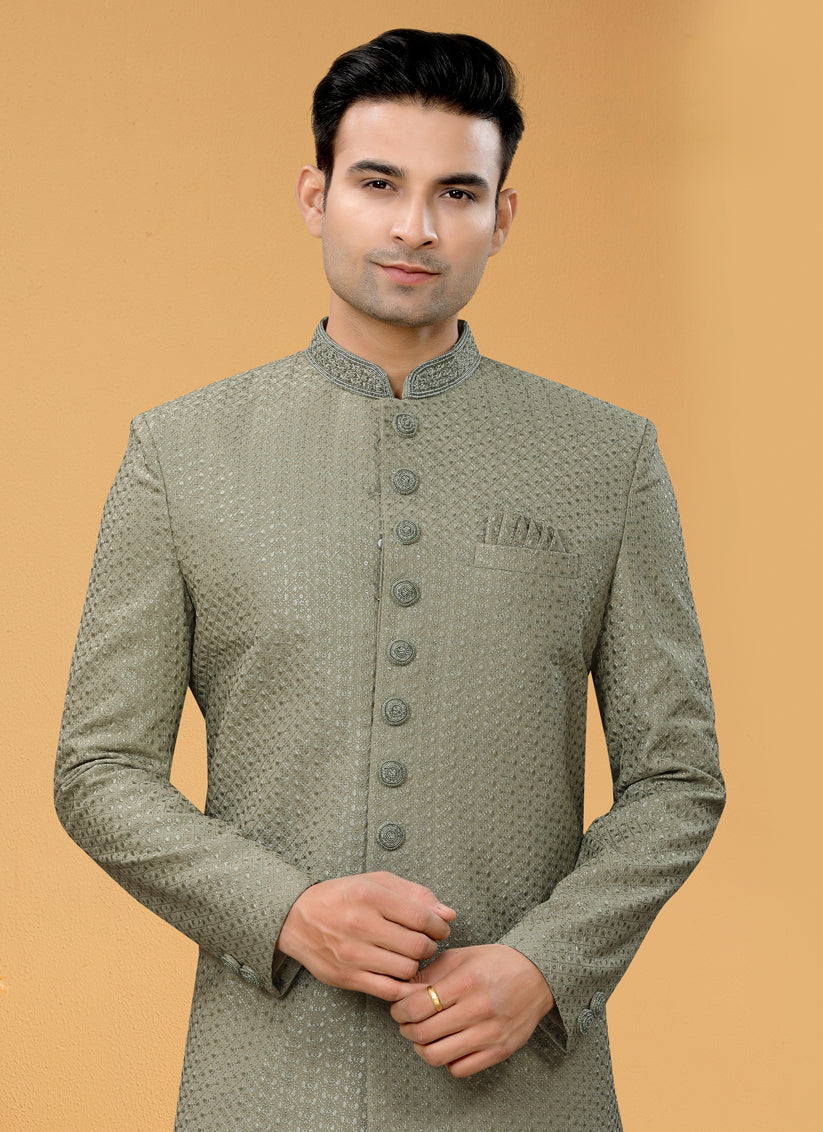 Sage Green Embroidered Designer Mens Indo Western
