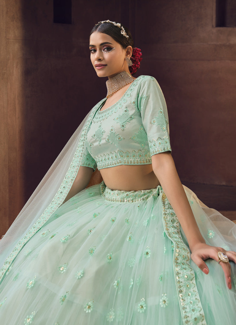 Ice Mint Net Embroidered Designer Lehenga Choli