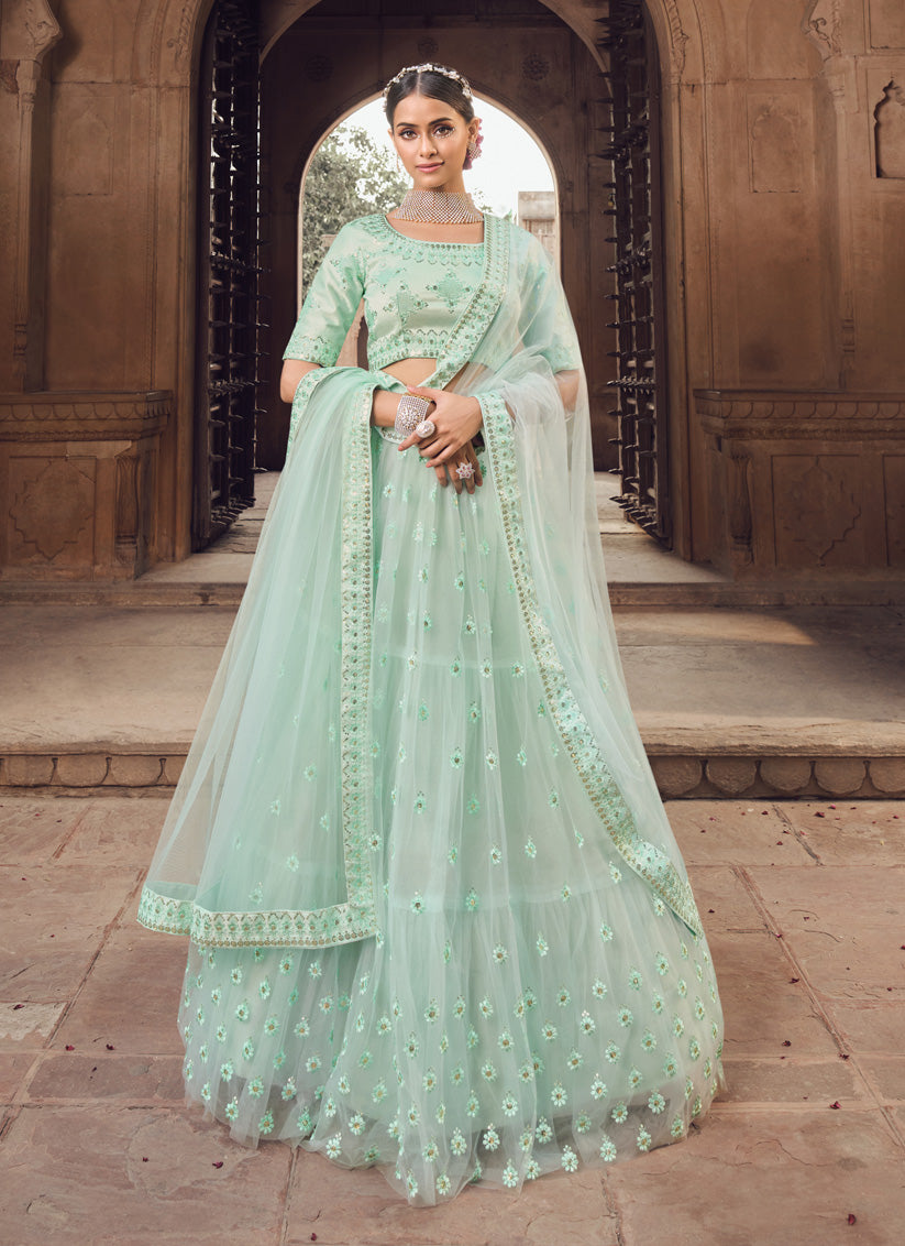Ice Mint Net Embroidered Designer Lehenga Choli