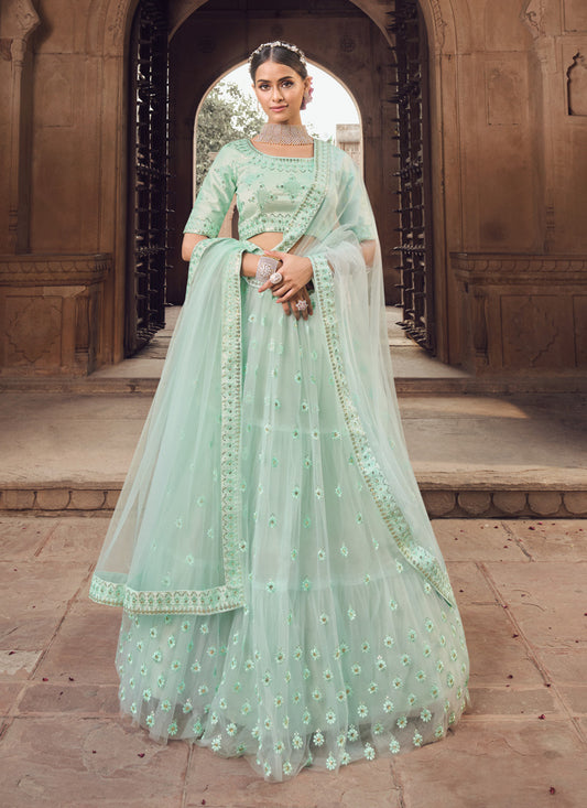 Ice Mint Net Embroidered Designer Lehenga Choli
