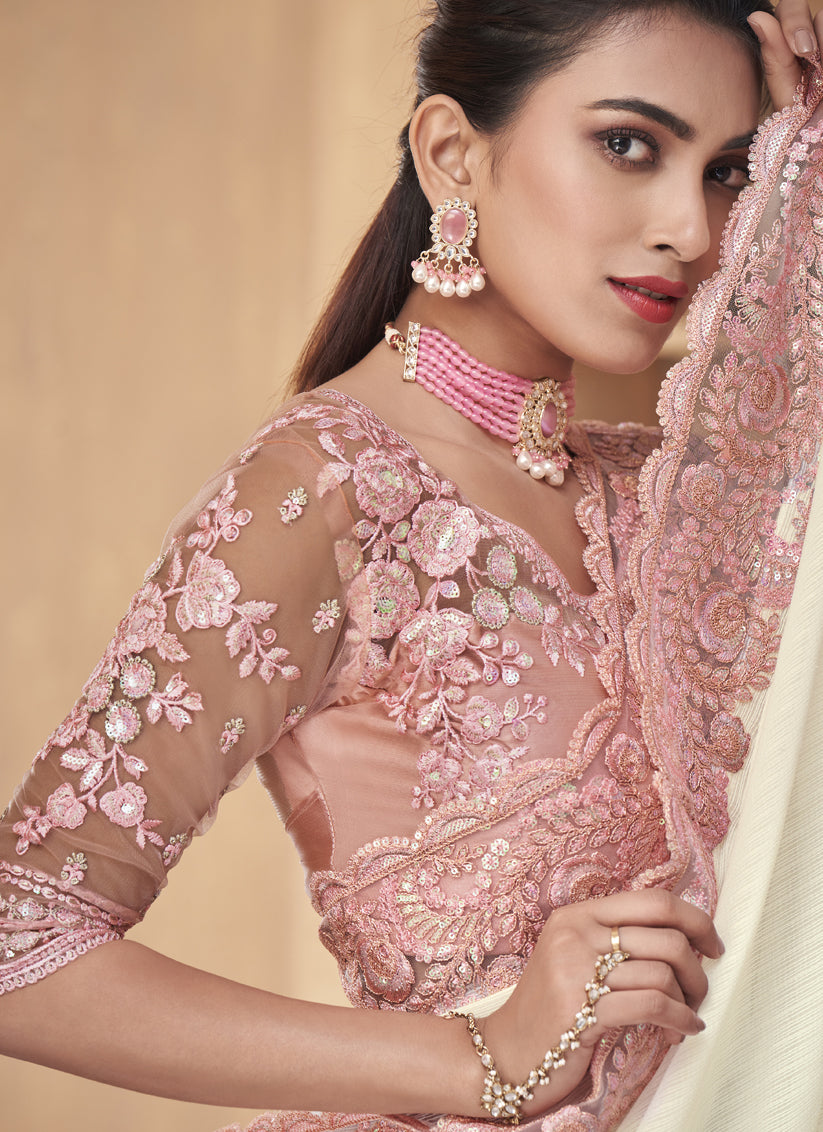 Off White Silk Embroidered Designer Saree