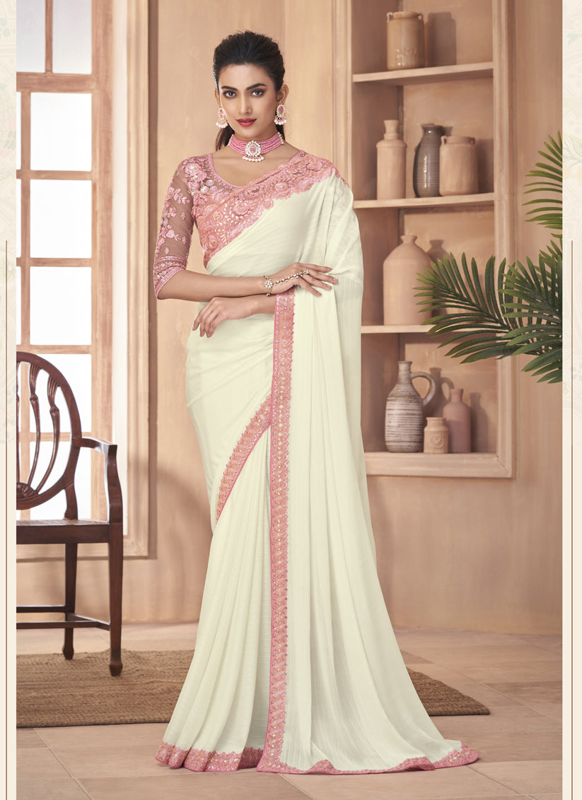 Off White Silk Embroidered Designer Saree