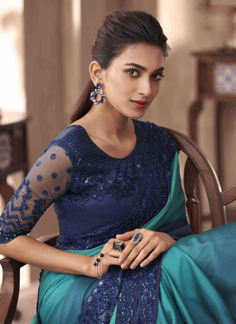 Peacock Blue Silk Embroidered Designer Saree