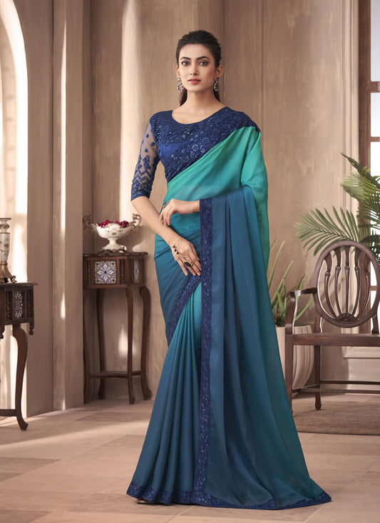 Peacock Blue Silk Embroidered Designer Saree