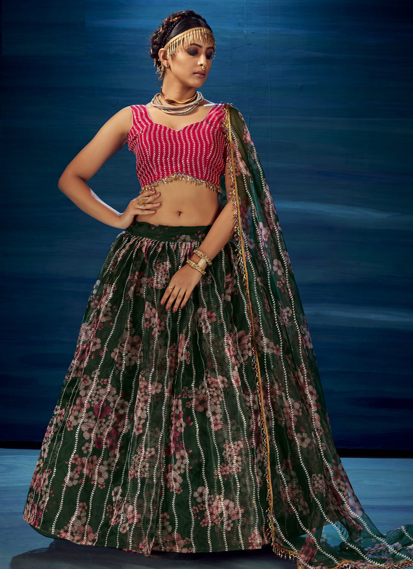 Dark Green Heavy Organza Embroidered and Printed Designer Lehenga Choli