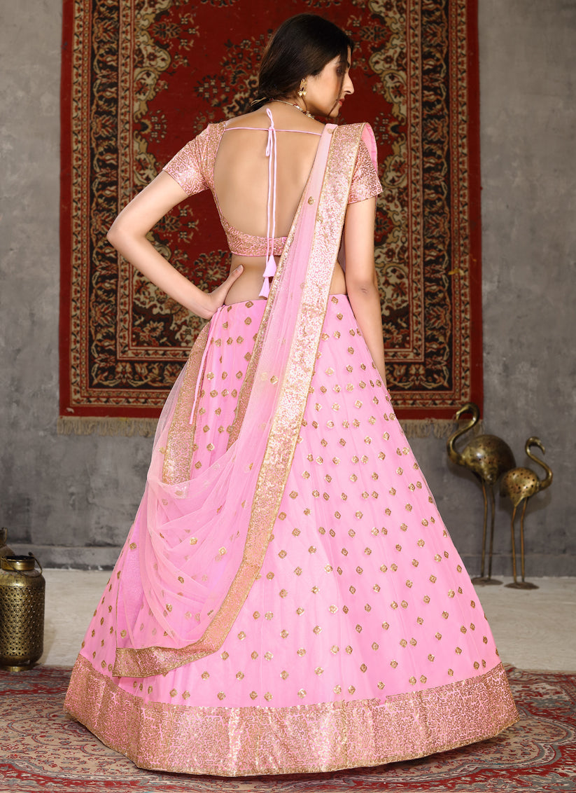 Rose Pink Net Sequins Wedding Lehenga Choli