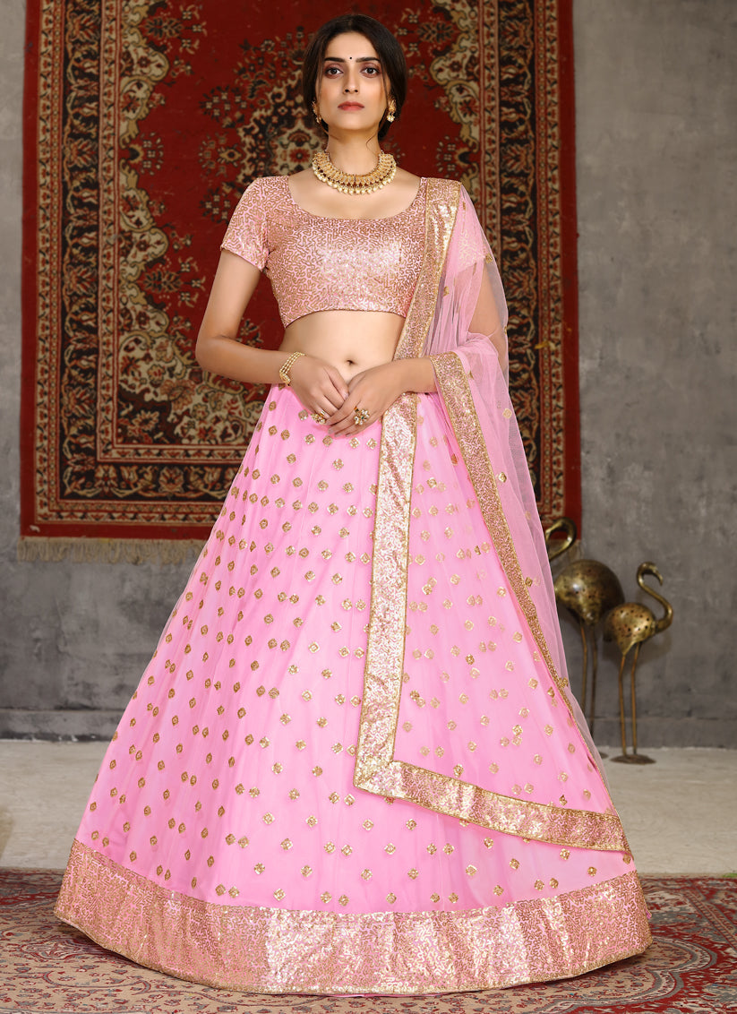 Rose Pink Net Sequins Wedding Lehenga Choli
