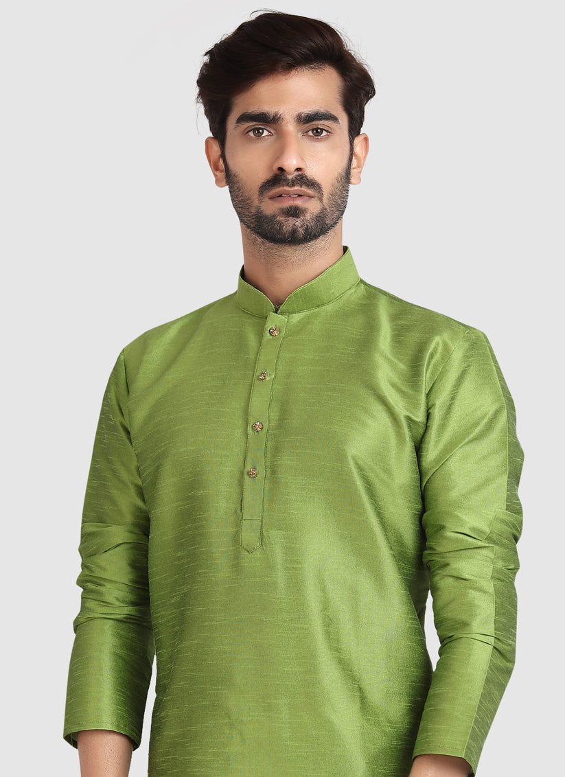 Lime Green Art Silk Ready Made Mens Kurta Pyjama Set