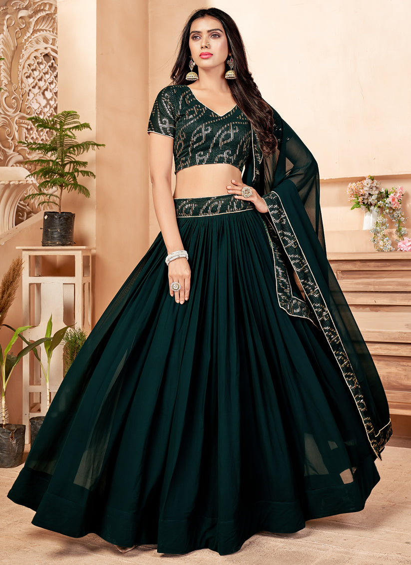 Pine Green Georgette Sequined Lehenga Choli