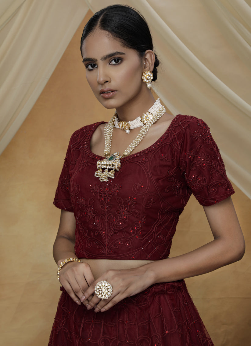 Garnet Maroon Net Embroidered Designer Lehenga Choli