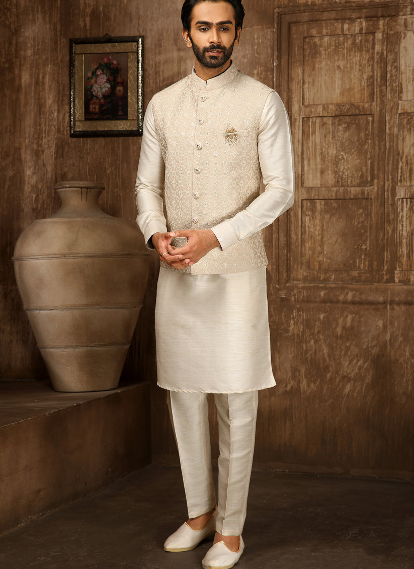 Cream Art Banarasi Silk Embroidered Mens Kurta Pyjama Set with