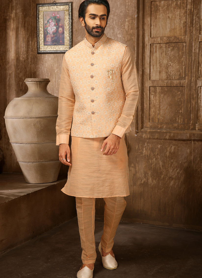 Peach Art Banarasi Silk Embroidered Mens Kurta Pyjama Set with Jacket