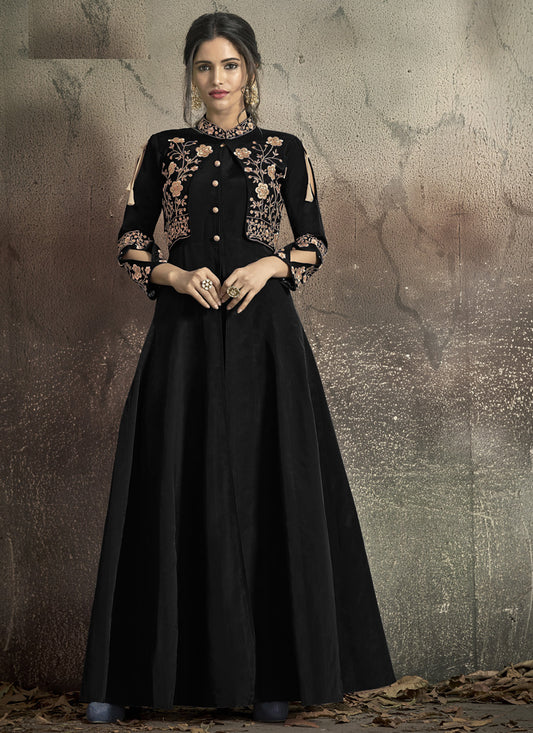 Black Taffeta Silk Embroidered Party Wear Gown