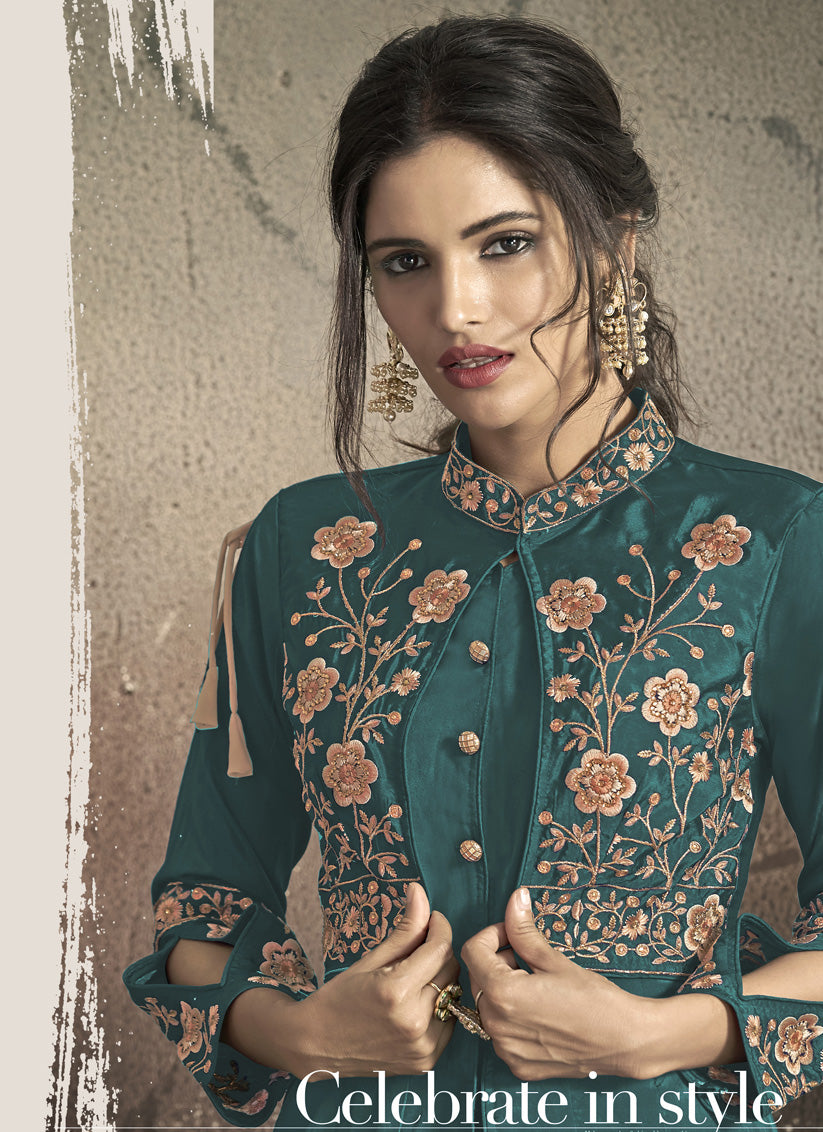 Teal Green Taffeta Silk Embroidered Party Wear Gown