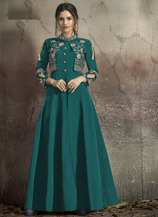 Teal Green Taffeta Silk Embroidered Party Wear Gown