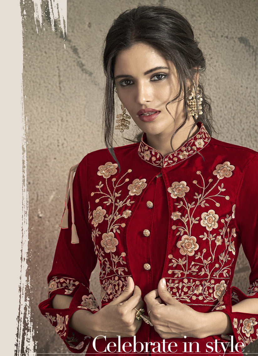 Red Taffeta Silk Embroidered Party Wear Gown