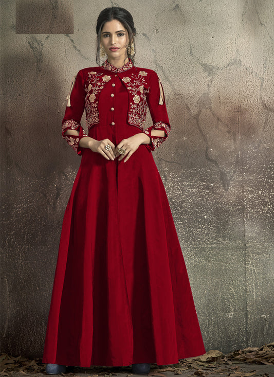 Red Taffeta Silk Embroidered Party Wear Gown