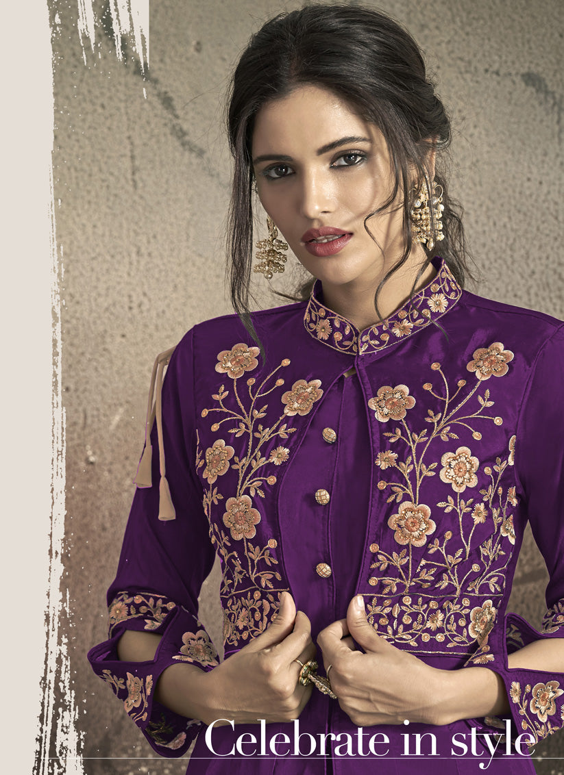 Purple Taffeta Silk Embroidered Party Wear Gown