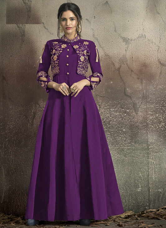 Purple Taffeta Silk Embroidered Party Wear Gown