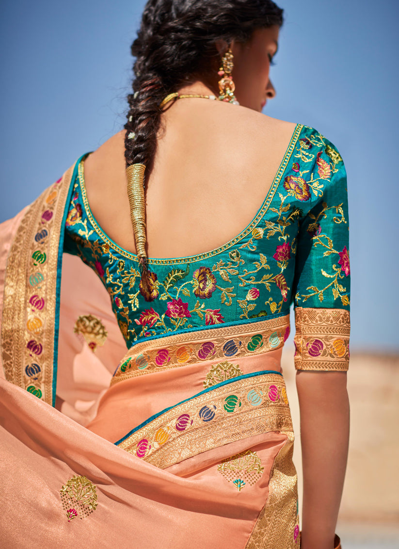 Blush Peach Silk Weaving Saree With Embroidered Blouse