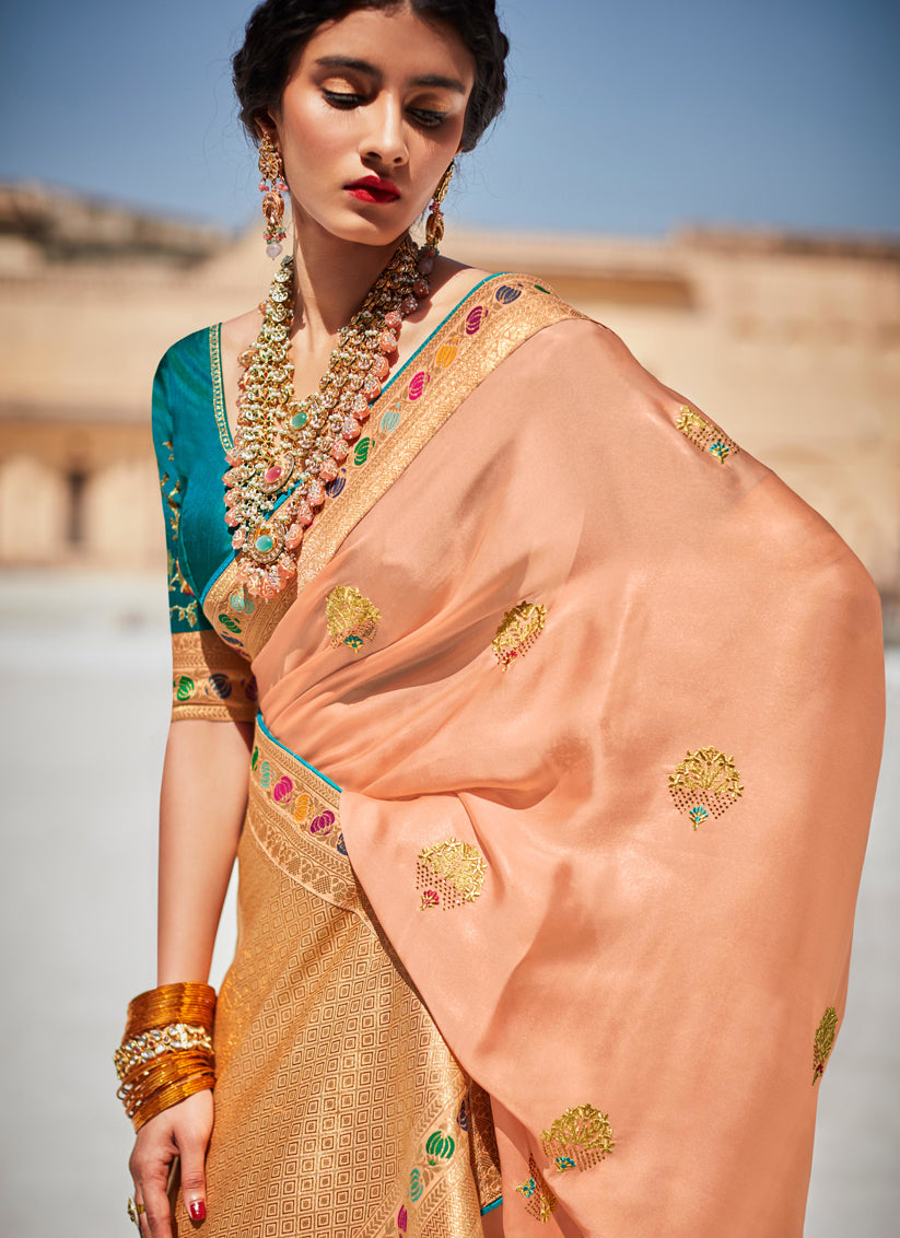 Blush Peach Silk Weaving Saree With Embroidered Blouse