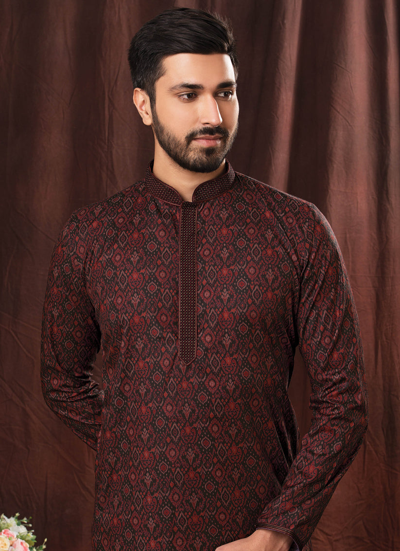 Maroon Polyester Cotton Ready Made Mens Kurta Pyjama Set