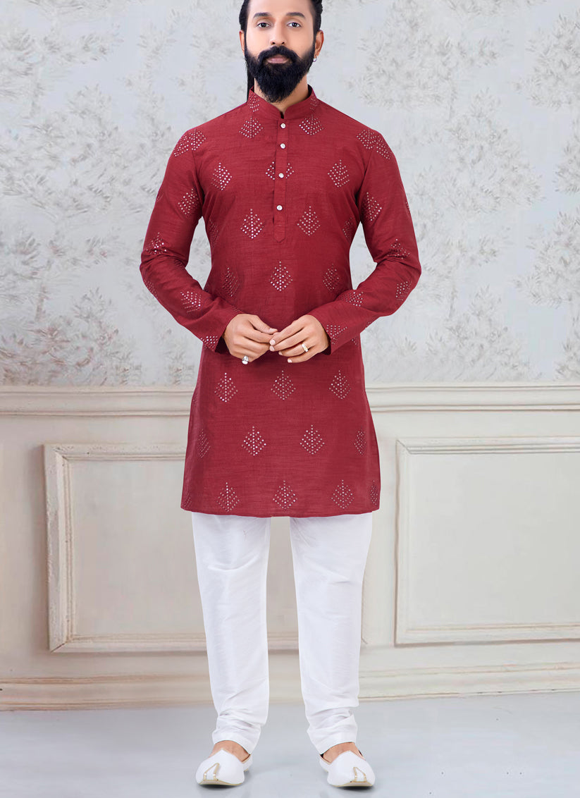 Red Silk Mens Kurta Pyjama Set