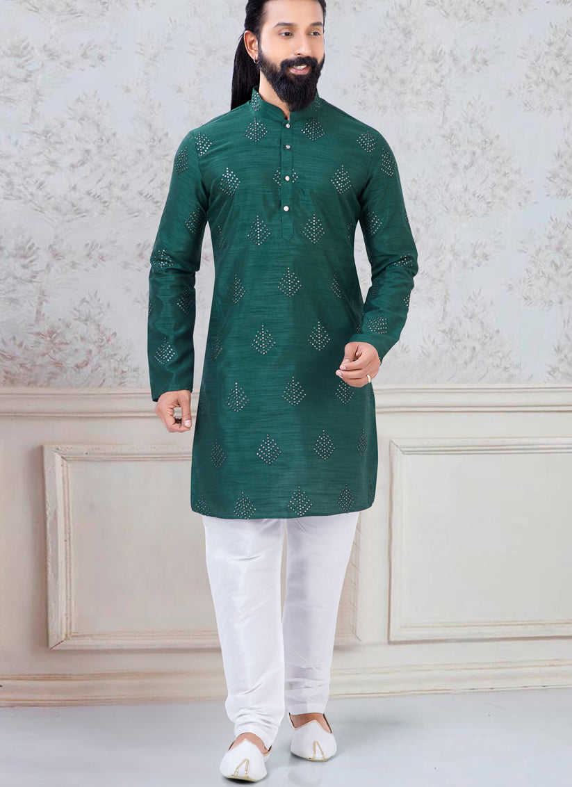Green Silk Mens Kurta Pyjama Set
