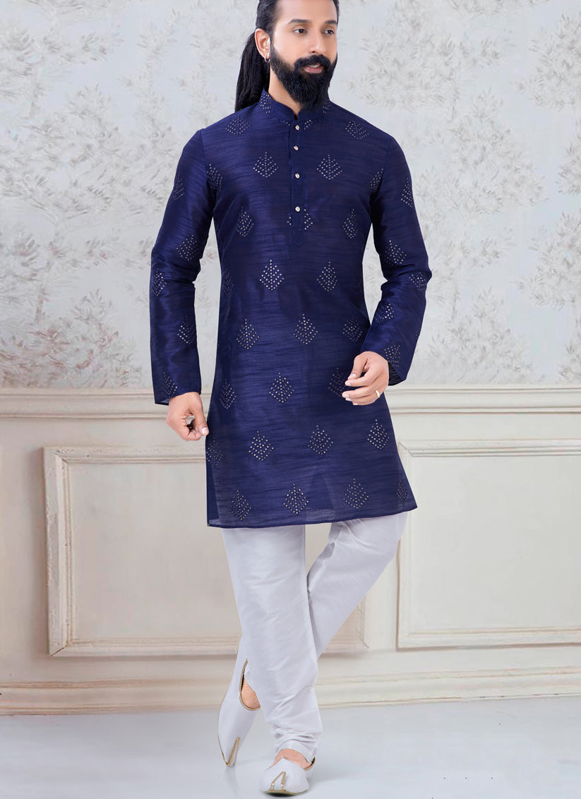 Navy Blue Silk Mens Kurta Pyjama Set