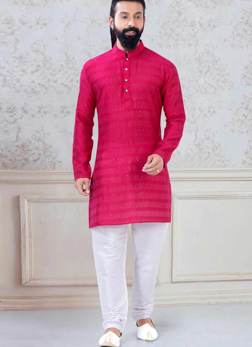 Rani Pink Georgette Mens Kurta Pyjama Set