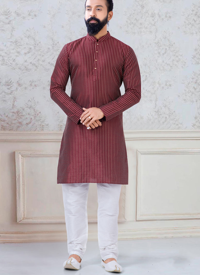 Maroon Silk Mens Kurta Pyjama Set