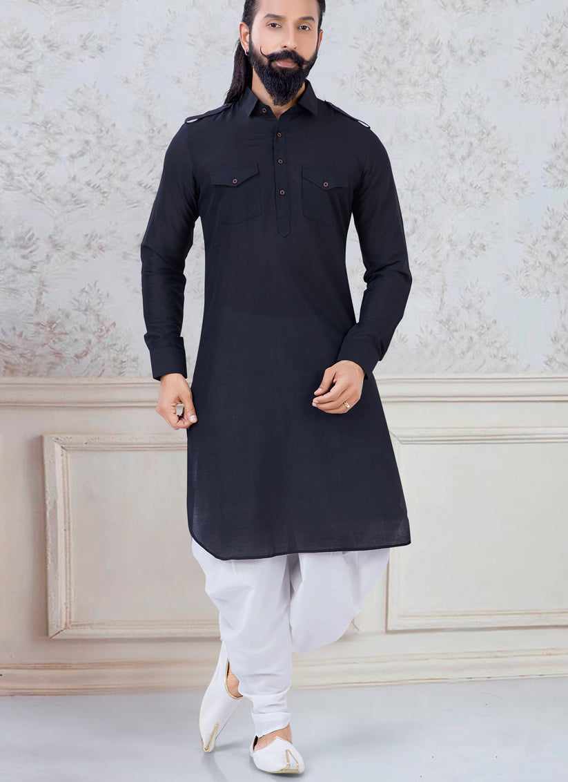 Black Cotton Mens Kurta Pyjama Set