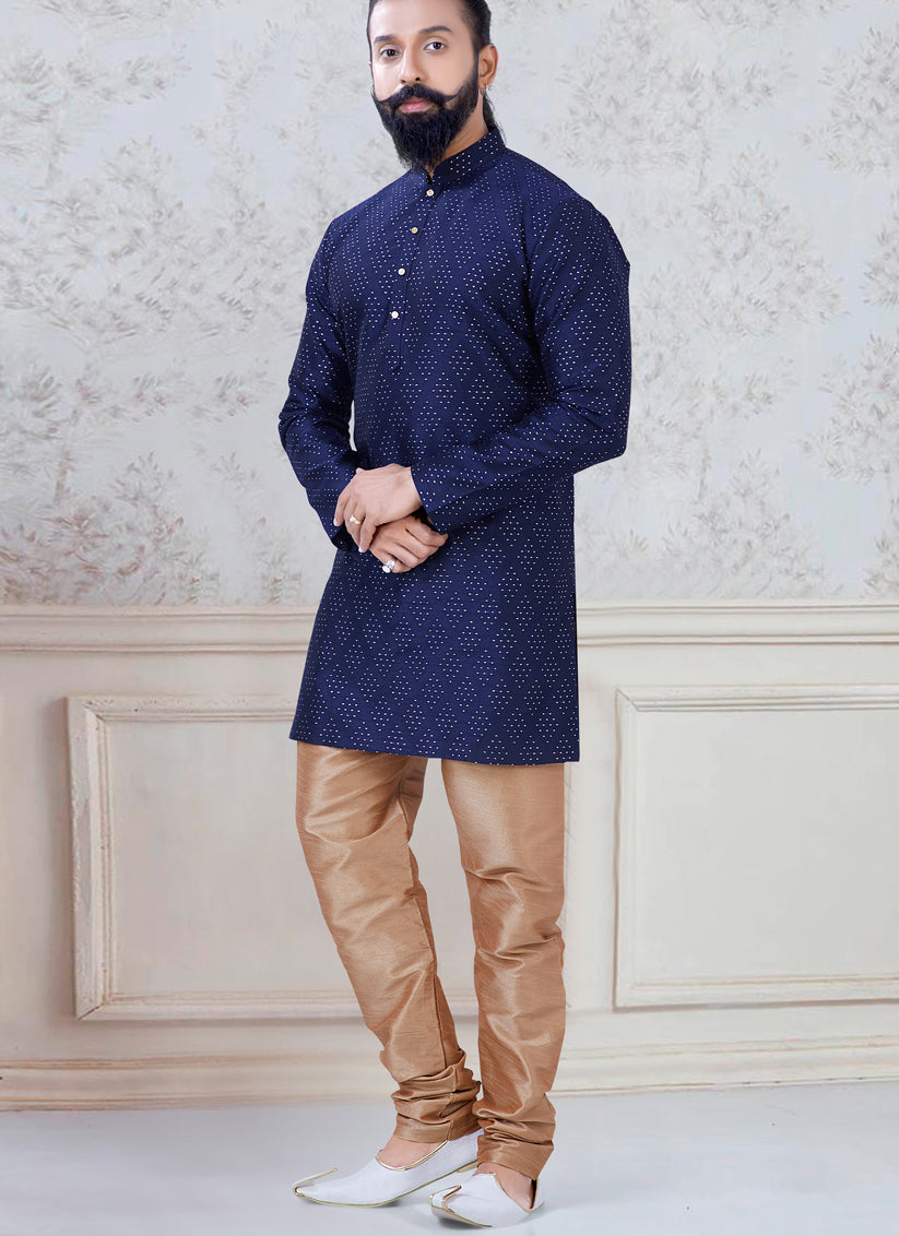 Navy Blue Silk Mens Kurta Pyjama Set