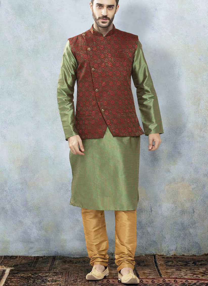 Green kurta hot sale with waistcoat