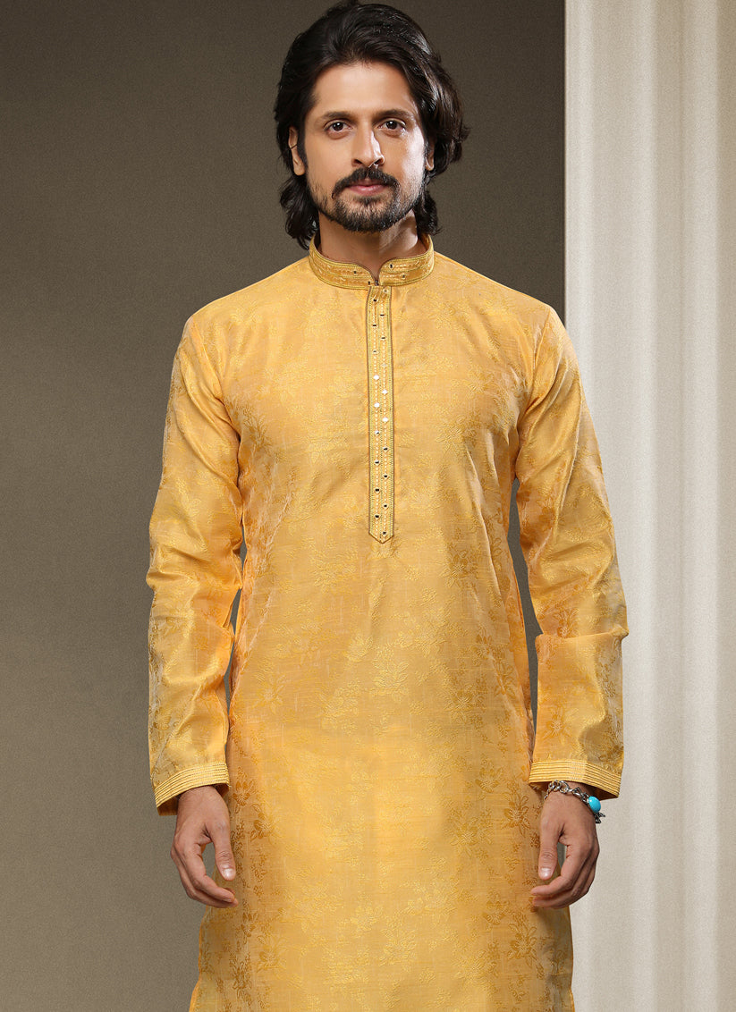 Yellow Jacquard Silk Brocade Kurta Pyjama Set